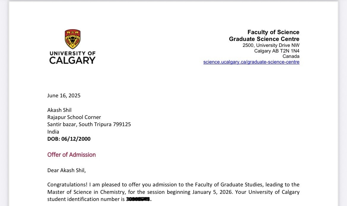Offer of admission - University of Calgary